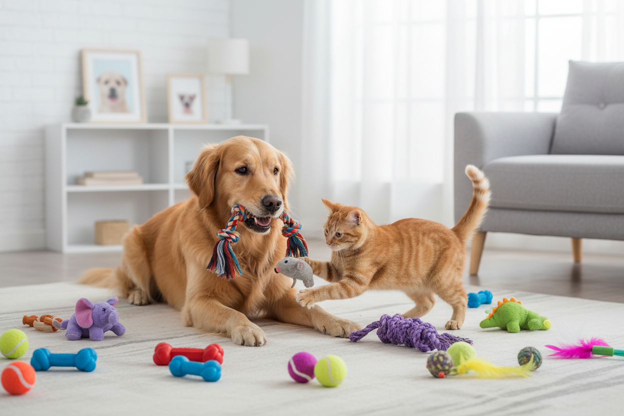 Feature my pet toys products with pet dog and cat (rectangular image)