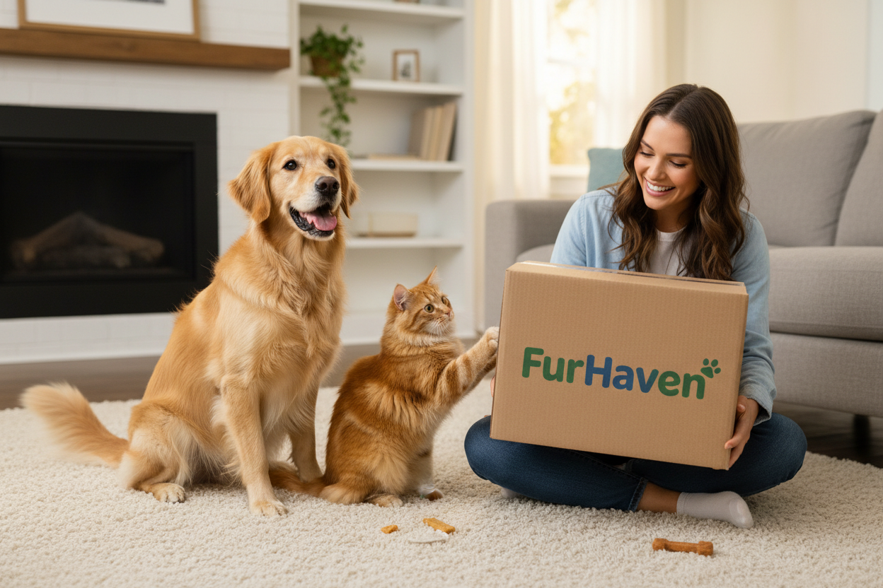 pet dog and cat with owner holding a box of online ordered package from FurHaven with its branding on the box 